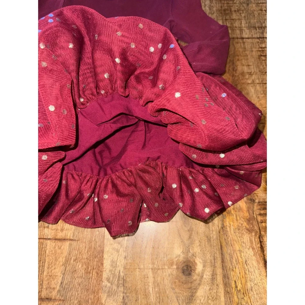 Baby Gap Burgundy Tulle Tutu Dress Silver Polka Dot Long Sleeve 6-12 Months